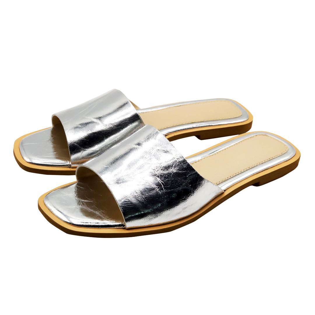 Sparkling Delight - Silver - Crinkle Finish Leather Slides