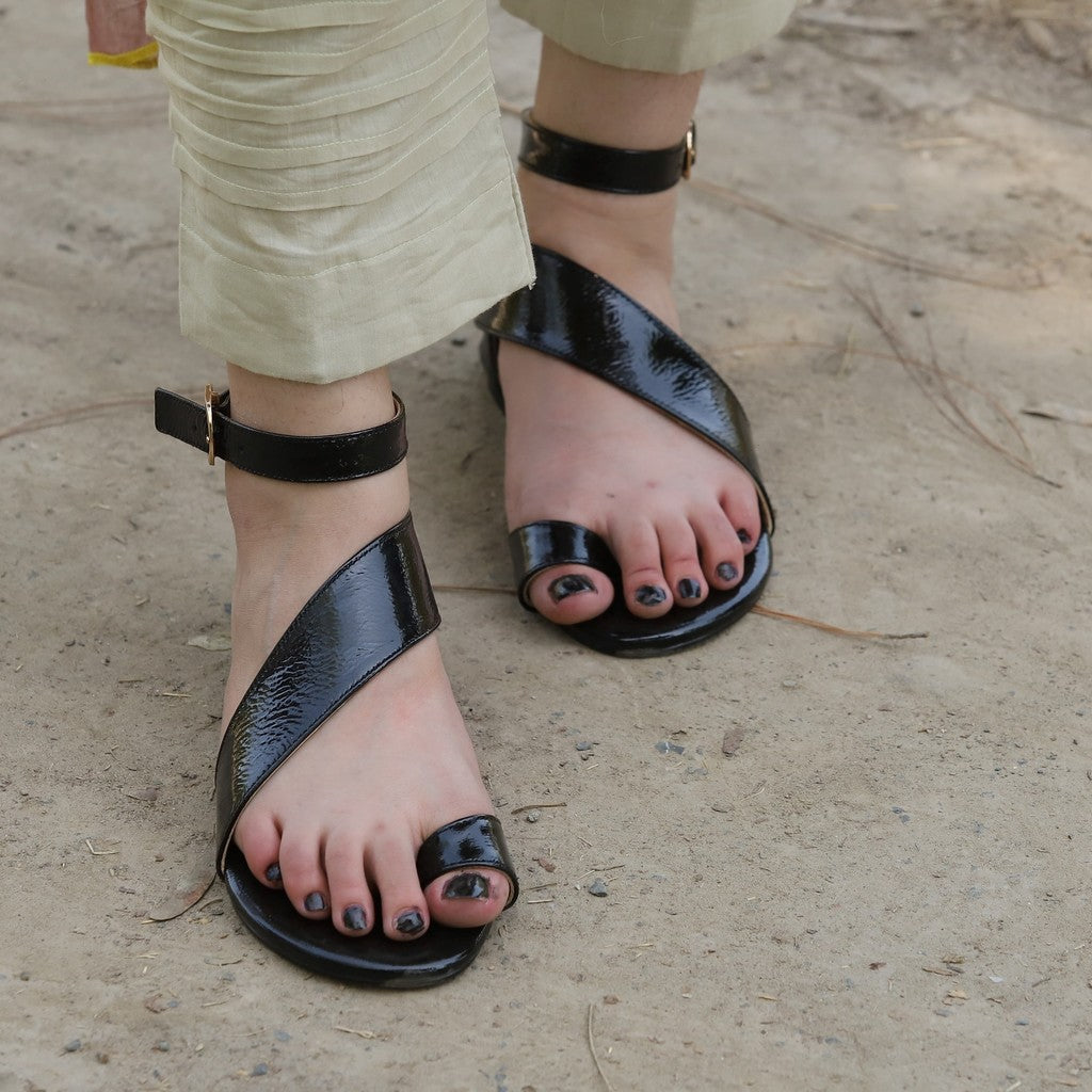 JAMs Strip - Black - Patent Ankle Strap Sandals